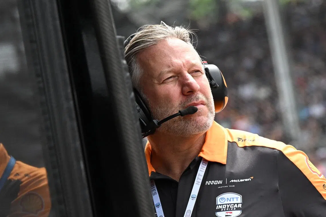 May 24, 2026; Indianapolis, Indiana, USA; McLaren CEO Zak Brown sits in the pit box Sunday, May 24, 2026, during the 110th running of the Indianapolis 500 at Indianapolis Motor Speedway. Mandatory Credit: Kristin Enzor-USA TODAY Network via Imagn Images