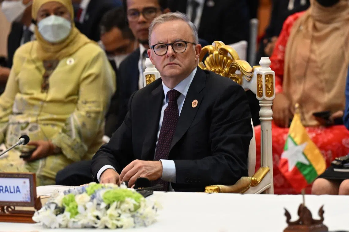 epa10302844 Australia’s Prime Minister Anthony Albanese at the opening of the East Asia Summit during the The Association of Southeast Asian Nations ASEAN Summit in Phnom Penh in Cambodia, 13 November 2022.  EPA-EFE/MICK TSIKAS AUSTRALIA AND NEW ZEALAND OUT