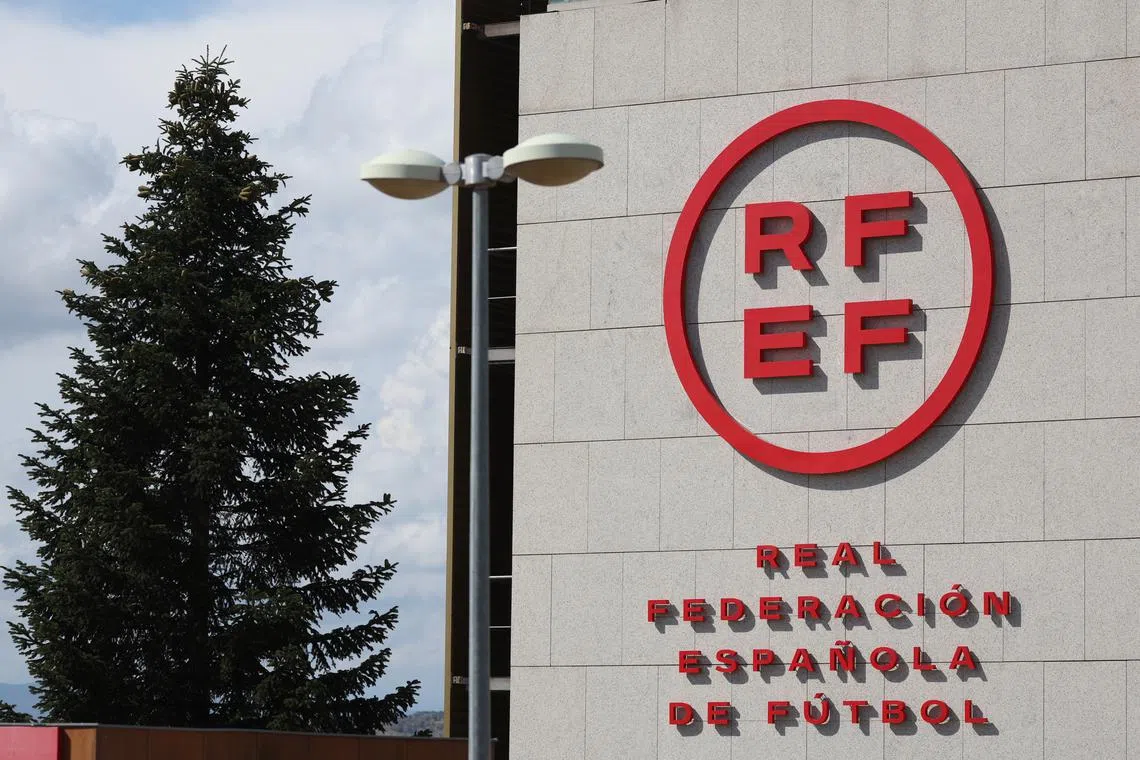 FILE PHOTO: Soccer Football - Spain press conference to announce their new women's coach and the nations league squad - Ciudad Del Futbol Las Rozas, Las Rozas, Spain - September 15, 2023 The logo of the Royal Spanish Football Federation is pictured on their building before the press conference REUTERS/Isabel Infantes/File Photo