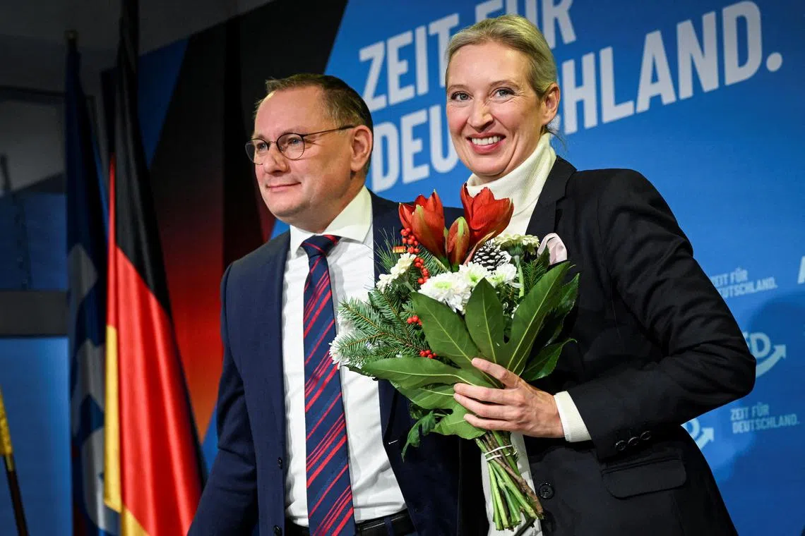 Ms Alice Weidel with co-leader of the far-right Alternative for Germany party, Mr Tino Chrupalla.