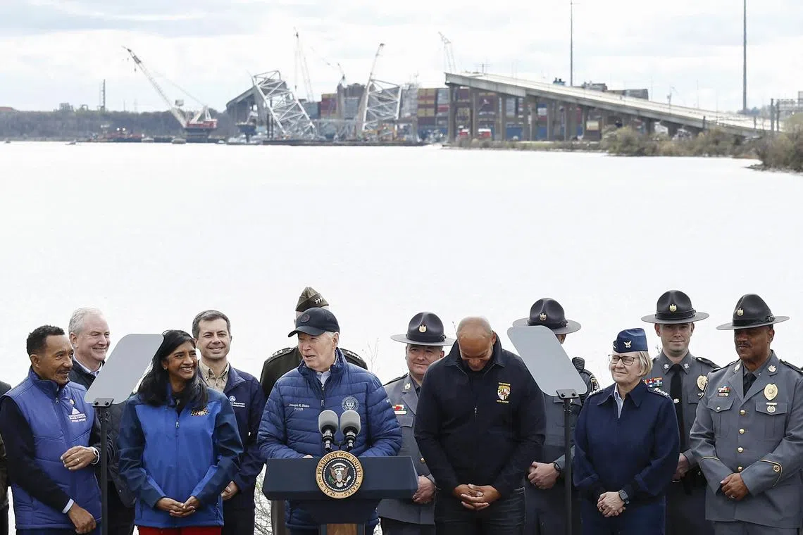 BALTIMORE, MARYLAND - APRIL 05: U.S. President Joe Biden delivers remarks at the Maryland Transportation Authority Police Headquarters, near the site of the collapsed Francis Scott Key Bridge, on April 05, 2024 in Baltimore, Maryland. The bridge collapsed after being struck by the 984-foot cargo ship Dali at 1:30 AM on March 26. President Biden traveled to Baltimore for an aerial tour of the salvage operation of the bridge and to meet with families of the six victims who were working to repair potholes on the bridge when it collapsed.   Anna Moneymaker/Getty Images/AFP (Photo by Anna Moneymaker / GETTY IMAGES NORTH AMERICA / Getty Images via AFP)