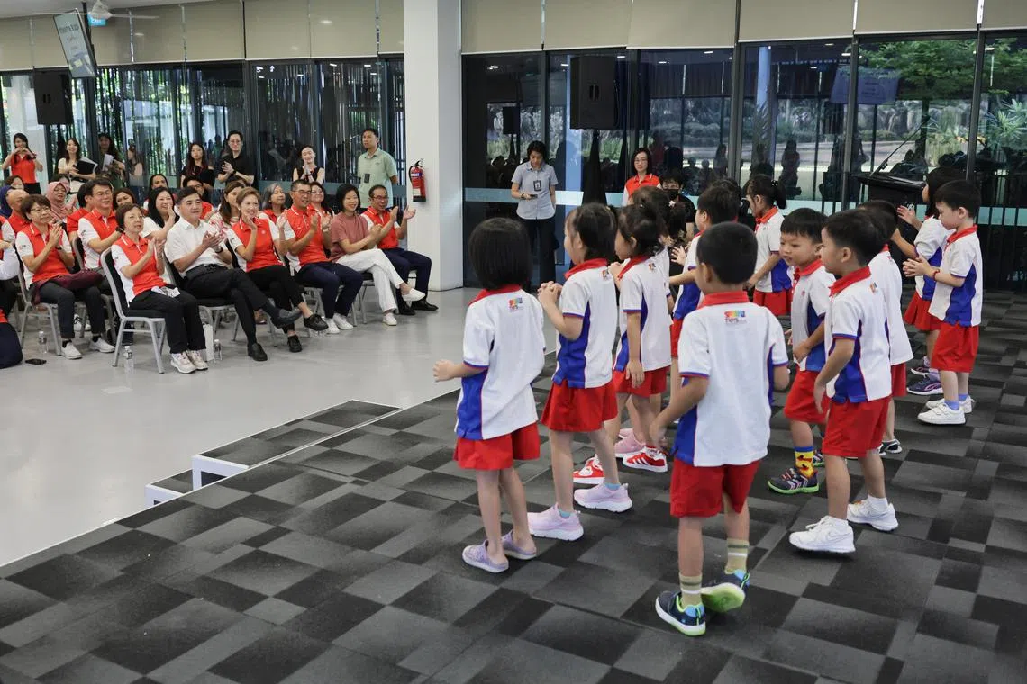 Mrs Josephine Teo, Minister for Digital Development and Information, and Second Minister for Home Affairs, watching performance by preschoolers from PCF Sparkletots Preschool @ ?Kreta Ayer-Kim Seng Blk 8 (DS) performing at the Breakfast with Seniors event at Hort Park on Jul 26, 2024.