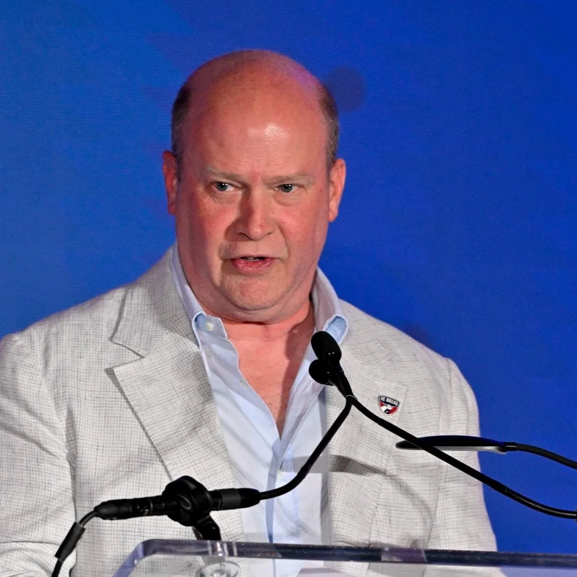 May 1, 2026; Frisco, Texas, USA; FC Dallas President Dan Hunt speaks during the induction ceremony for the U.S. National Soccer Hall of Fame Class of 2026 at National Soccer Hall of Fame at Toyota Stadium. Mandatory Credit: Jerome Miron-Imagn Images/File Photo