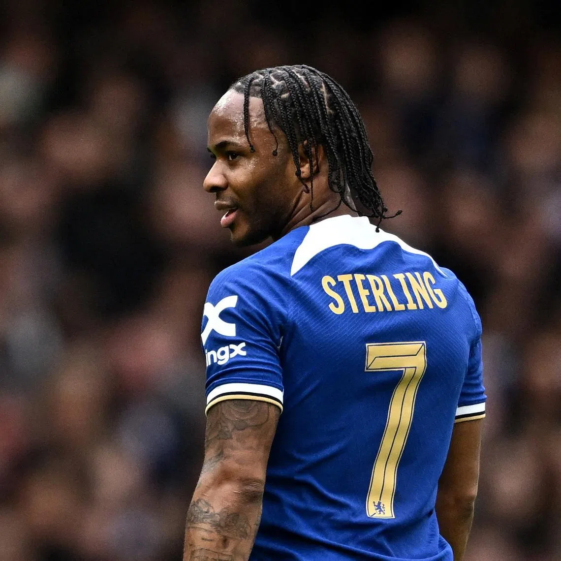 FILE PHOTO: Soccer Football - FA Cup - Quarter Final - Chelsea v Leicester City - Stamford Bridge, London, Britain - March 17, 2024 Chelsea's Raheem Sterling REUTERS/Dylan Martinez/File Photo