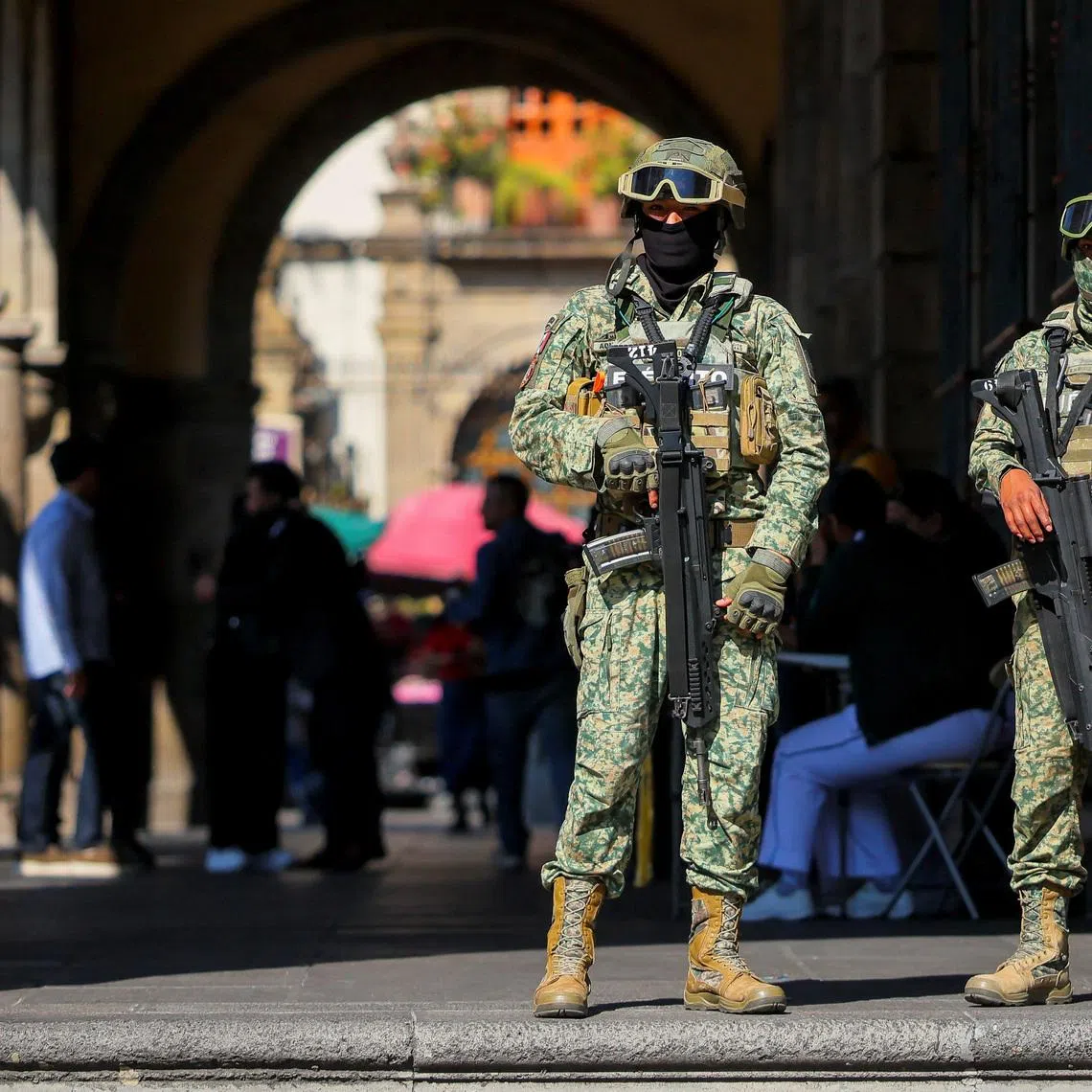 Soldiers keep watch in downtown Guadalajara as the city prepares for the 2026 FIFA World Cup, jointly hosted by the United States, Canada and Mexico, in Guadalajara, Mexico, March 24, 2026. REUTERS/Eloisa Sanchez/ File Photo