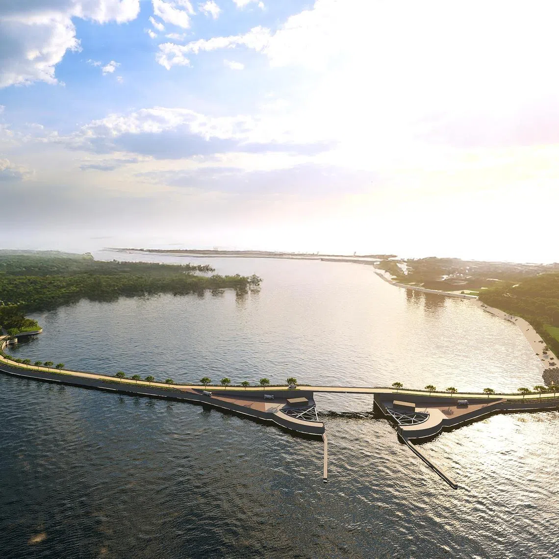 An artist’s impression of a coastal barrier which also provides enhanced transport connectivity between Sentosa and Pulau Brani.