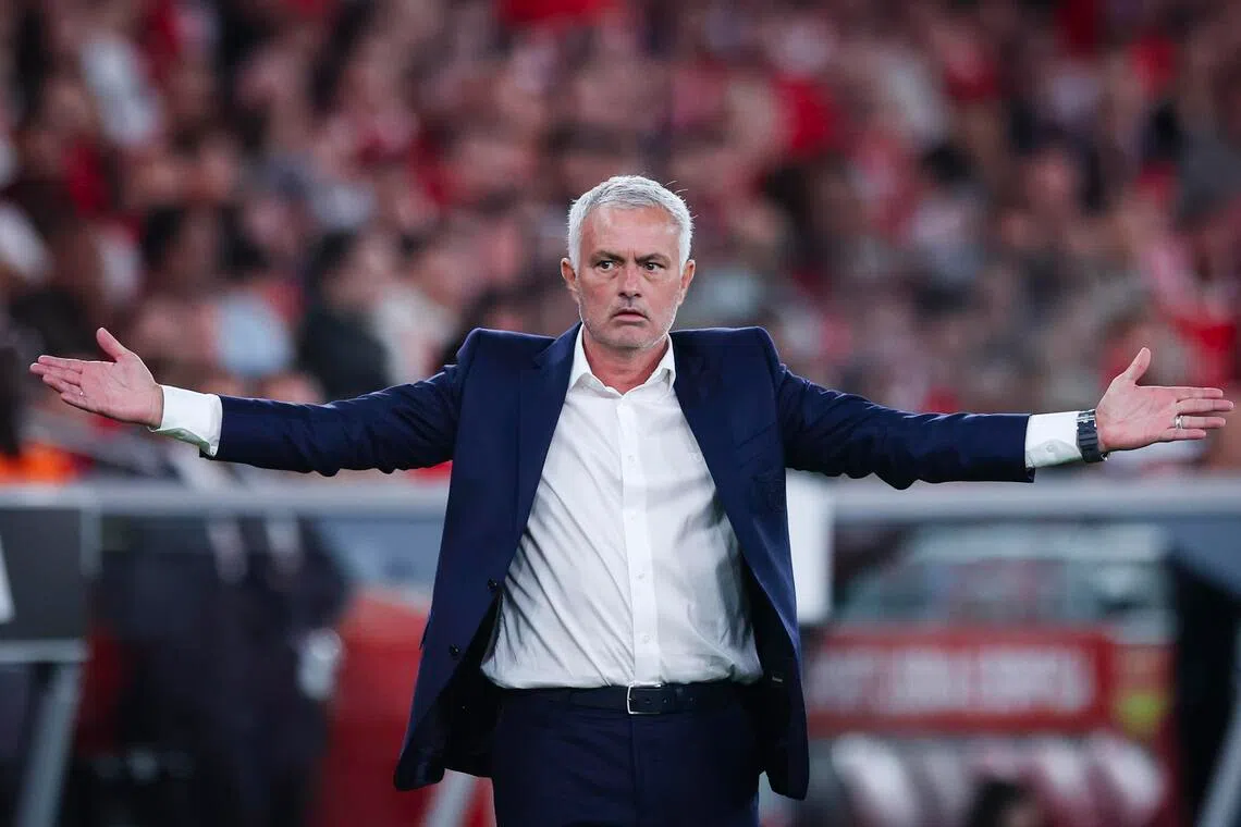 Benfica coach Jose Mourinho reacting during the 2-1 Portuguese Primeira Liga win over Gil Vicente FC in Lisbon on Sept 26, 2025.