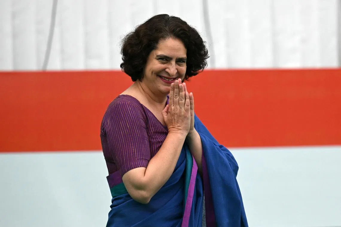 Indian National Congress party leader Priyanka Gandhi Vadra arrives to attend the release of the party's manifesto in New Delhi on April 5.