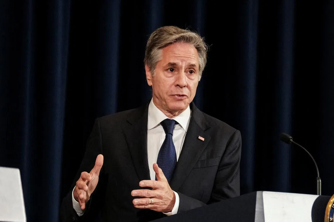 FILE PHOTO: U.S. Secretary of State Antony Blinken holds a joint press conference with British Foreign Secretary David Cameron at the State Department in Washington, U.S., April 9, 2024. REUTERS/Michael A. McCoy/File Photo