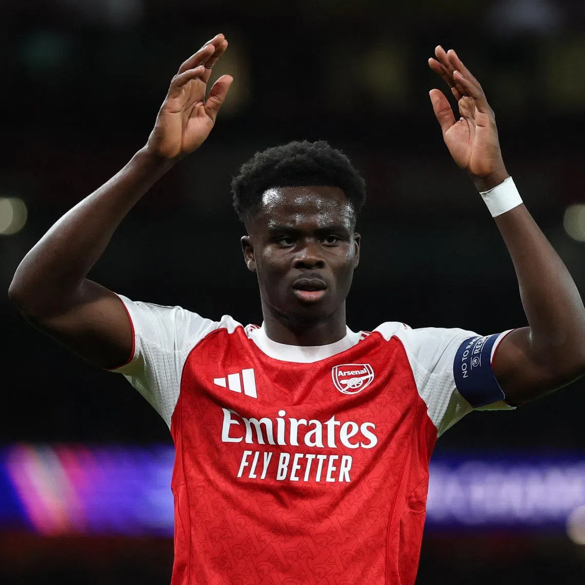 Soccer Football - UEFA Champions League - Round 16 - Second Leg - Arsenal v Bayer Leverkusen - Emirates Stadium, London, Britain - March 17, 2026 Arsenal's Bukayo Saka reacts Action Images via Reuters/Andrew Boyers/File Photo