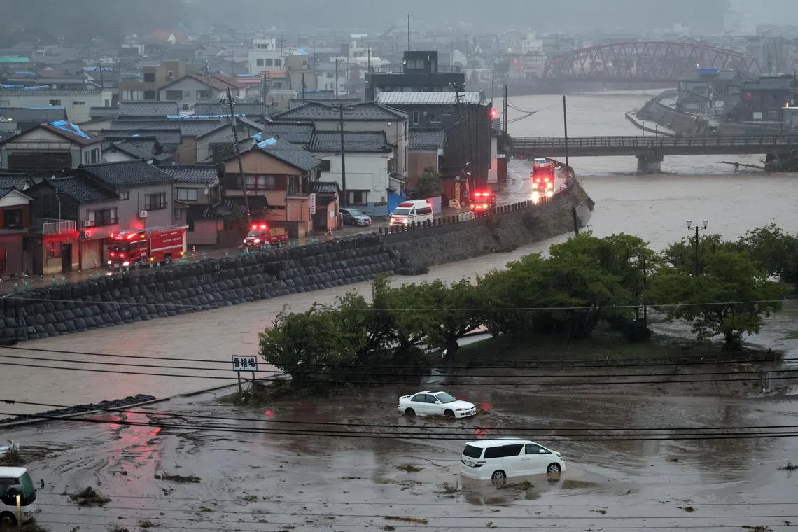 epa11618455 A parking is flooded due to heavy rainfall in Wajima, Ishikawa Prefecture, Japan, 22 September 2024. In the morning, the Japan Meteorological Agency lifted a heavy rain emergency warning for Suzu, Wajima and Noto towns with landslides and floods after torrential rain hit the area since 21 September. According to latest reports from Ishikawa prefecture, one is dead and at least ten are missing in the area already devastated by the major New Year's Day earthquake.  EPA-EFE/JIJI PRESS JAPAN OUT EDITORIAL USE ONLY/
