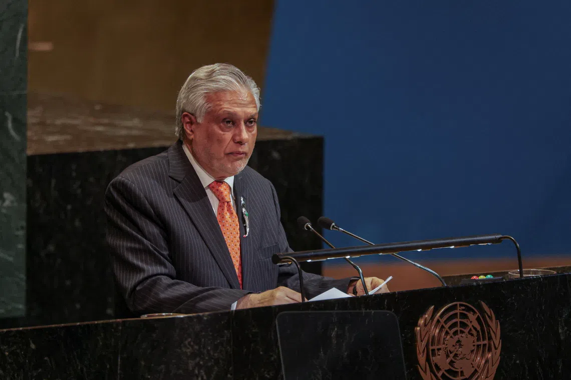 Mohammad Ishaq Dar, Deputy Prime Minister and Minister for Foreign Affairs of Pakistan, speaks during a High-level International Conference for the Peaceful Settlement of the Question of Palestine and the Implementation of the Two-State Solution at U.N. headquarters in New York City, U.S., July 28, 2025. REUTERS/Jeenah Moon