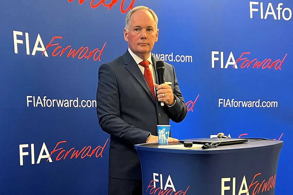 Formula One F1 - British Grand Prix - Towcester, Britain - July 4, 2025 Tim Mayer during a press conference as he announces candidacy for FIA president REUTERS/Alan Baldwin