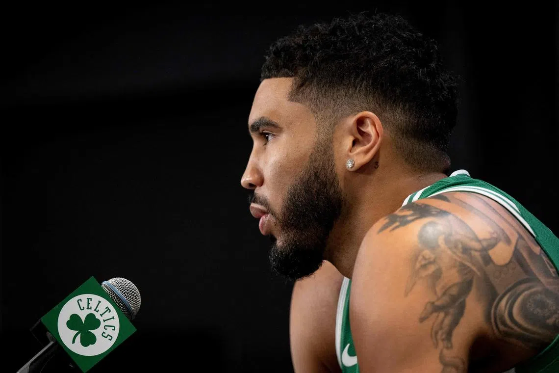 Jayson Tatum of the Boston Celtics speaking to the media during Boston Celtics Media Day at The Auerbach Centre on Sept 24 in Boston.
