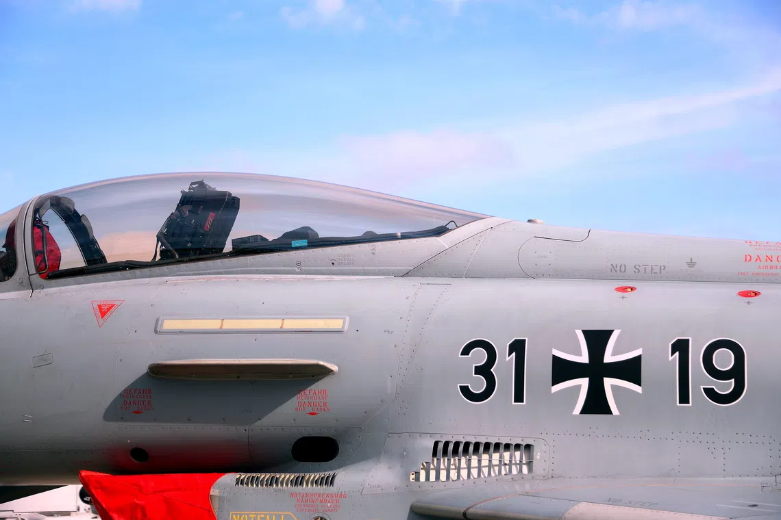 A German Air Force Eurofighter Typhoon jet on display during a NATO Media Day at Lielvarde Air Base, Latvia, on Oct 1.