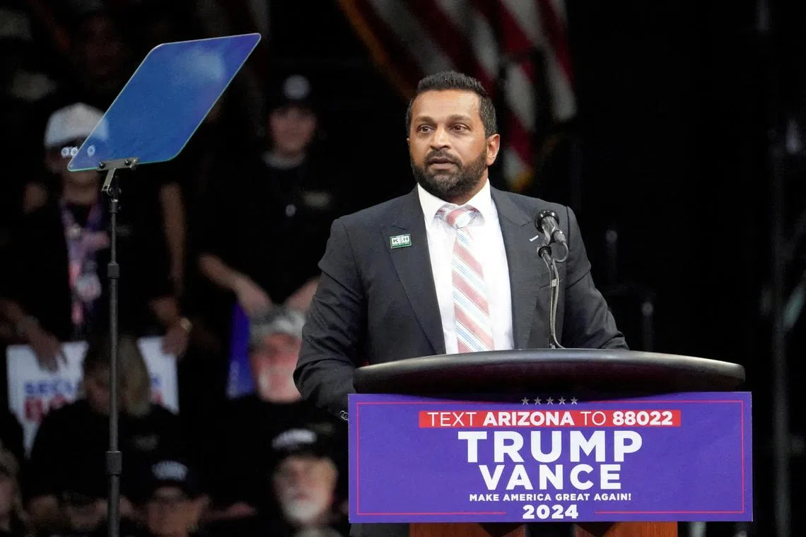 FILE PHOTO: Kash Patel, former chief of staff to the defense secretary, speaks on the day Republican presidential candidate and former U.S. President Donald Trump holds a campaign rally, in Prescott Valley, Arizona, U.S., October 13, 2024.  REUTERS/Go Nakamura/File Photo