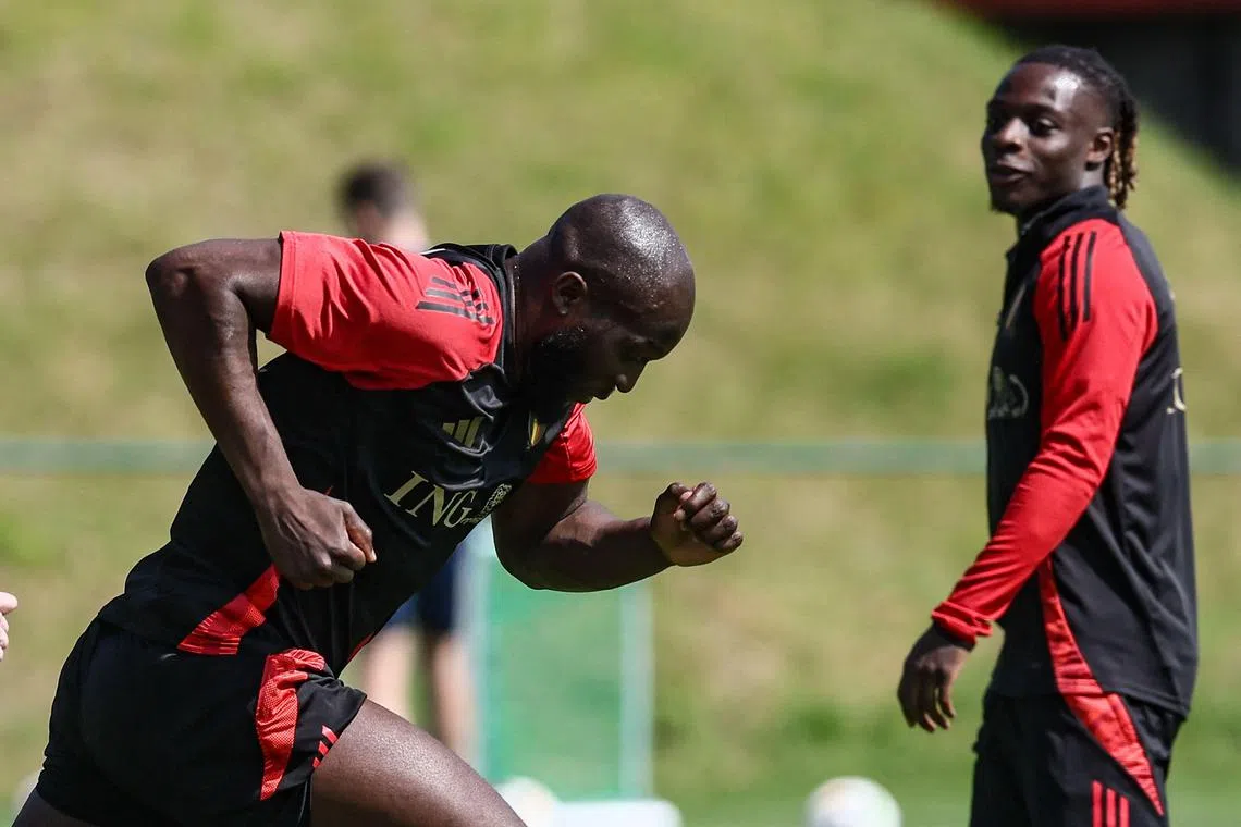 Belgium's Romelu Lukaku and Jeremy Doku taking part in a training session. Lukaku has yet to score at the Euro 2024.