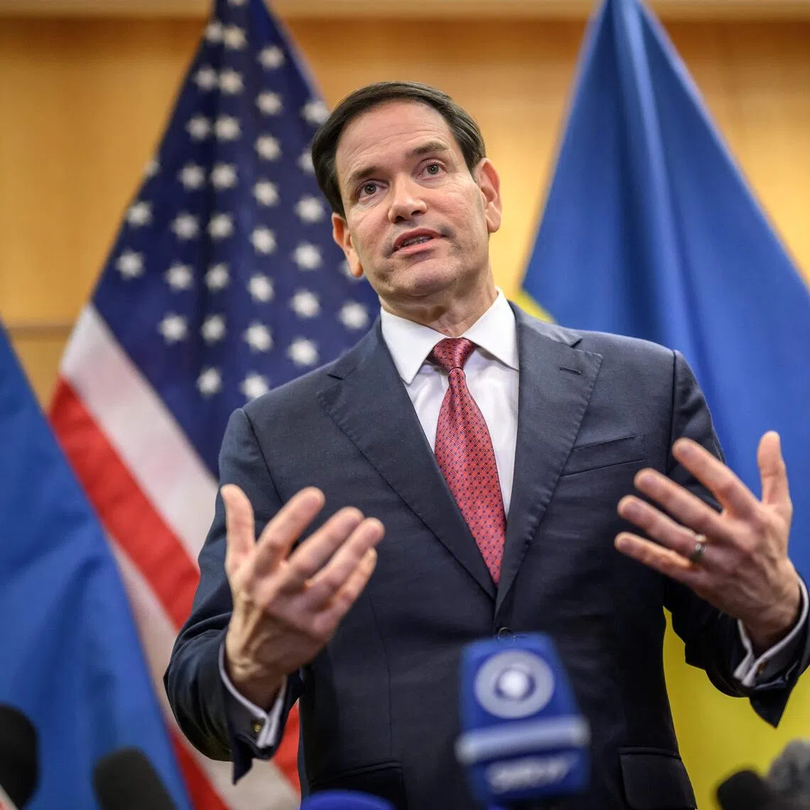 US Secretary of State Marco Rubio holding a press conference following a closed-door talks on a US plan to end the war in Ukraine on Nov 23.