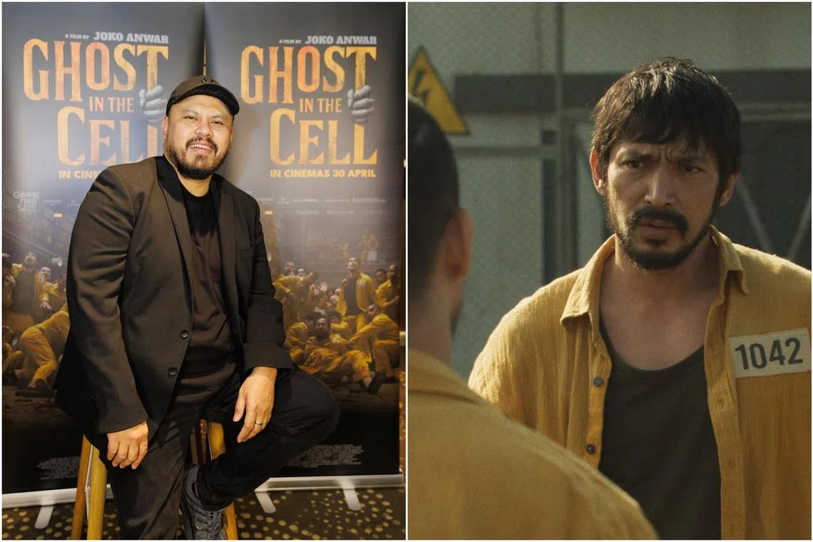 (From left) Indonesia film-maker Joko Anwar, during a Ghost In The Cell press stop at GV Suntec on April 23, lead actor Abimana Aryasatya (facing camera) in a movie still.
