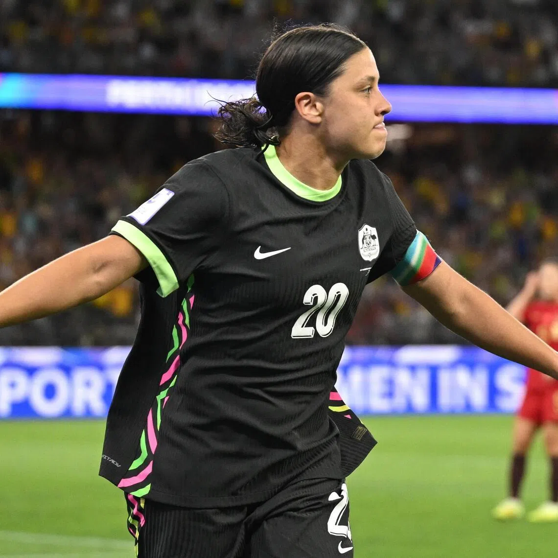 Sam Kerr of Australia celebrates after scoring the winner in the 2-1 Women's Asian Cup semi-final win over China.