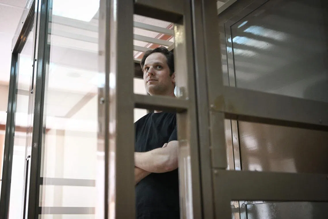 US journalist Evan Gershkovich inside a defendants' cage, before a court hearing in Moscow.