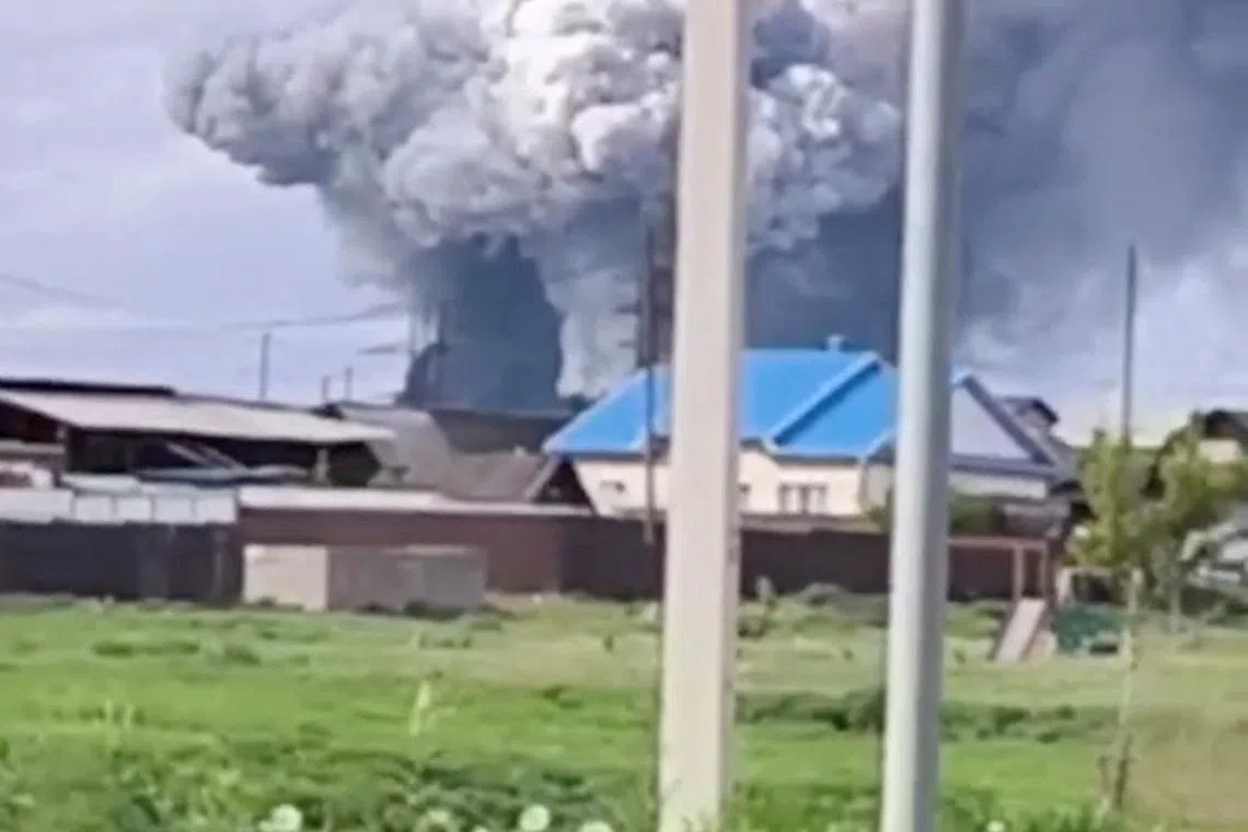 Smoke rises above the area following what local authorities called a drone attack on a military unit in the Sredny settlement, in the course of Russia-Ukraine conflict in the Usolsky district of the Irkutsk region, Russia, in this still image from a video published June 1, 2025. Governor of Irkutsk Region Igor Kobzev via Telegram/Handout via REUTERS ATTENTION EDITORS - THIS IMAGE HAS BEEN SUPPLIED BY A THIRD PARTY. NO RESALES. NO ARCHIVES. MANDATORY CREDIT.