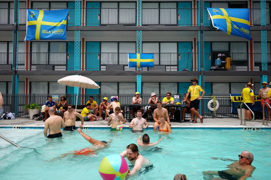 Soccer Football - FIFA World Cup 2026 - Sweden fans hold Midsummer party in Houston - Houston, Texas, U.S. - June 19, 2026 Sweden fans gather ahead of the match against Netherlands. REUTERS/Pedro Nunes