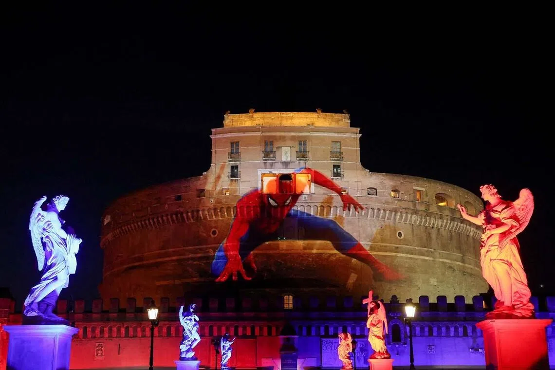 A projection adorning a building during the Italian premiere of the film Spider-Man: Brand New Day at Ponte Sant'Angelo in Rome, Italy, on June 23. 