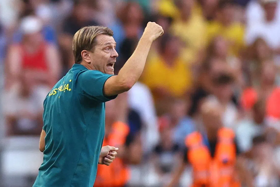 FILE PHOTO: Paris 2024 Olympics - Football - Women's Group B - Australia vs United States - Marseille Stadium, Marseille, France - July 31, 2024. Australia coach Tony Gustavsson reacts. REUTERS/Luisa Gonzalez/File Photo