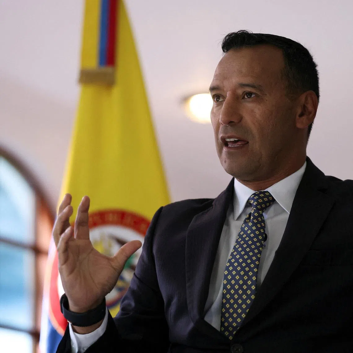 Colombian Minister of Defense, Pedro Arnulfo Sanchez, speaks during an interview with Reuters in Bogota, Colombia, November 19, 2025. REUTERS/Luisa Gonzalez