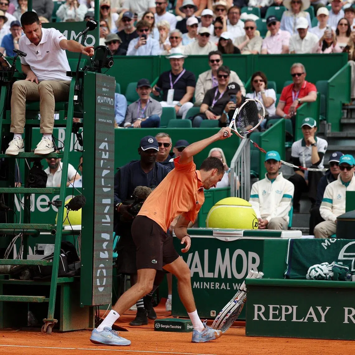 Russia's Daniil Medvedev smashing his racket on the clay during his 6-0, 6-0 loss to Italy's Matteo Berrettini at the Monte-Carlo Masters last 32 on Court Rainier III at the Monte-Carlo Country Club in Roquebrune-Cap-Martin, south-eastern Franc,e on April 8, 2026.