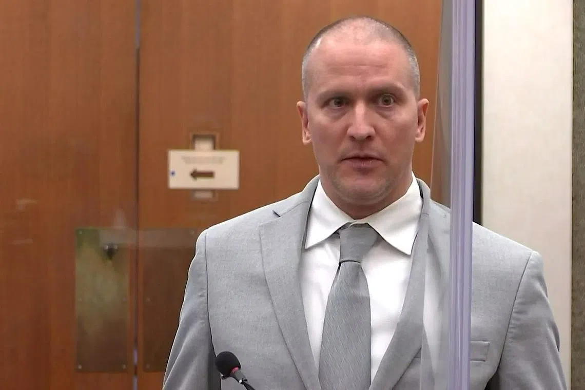 FILE PHOTO: Former Minneapolis police officer Derek Chauvin addresses his sentencing hearing and the judge as he awaits his sentence after being convicted of murder in the death of George Floyd in Minneapolis, Minnesota, U.S. June 25, 2021 in a still image from video. Pool via REUTERS/File Photo