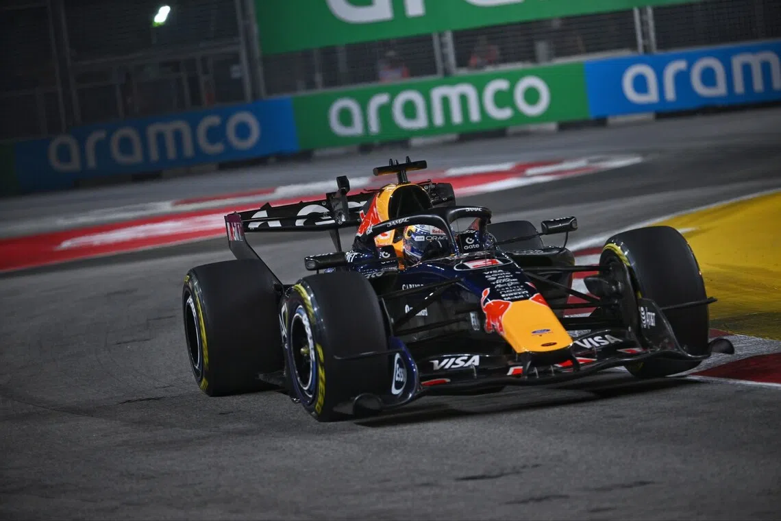 Red Bull’s Max Verstappen is on pole for the Oct 10 sprint race at the Singapore Grand Prix.