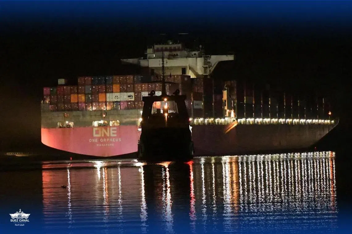 Tugboats helped the Singapore-flagged vessel One Orpheus after it suffered a fault with its rudder.