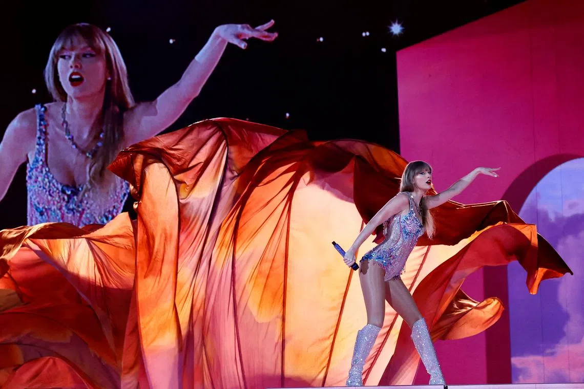 Singer Taylor Swift performs at her concert for the international The Eras Tour in Tokyo, Japan, on Feb 7.