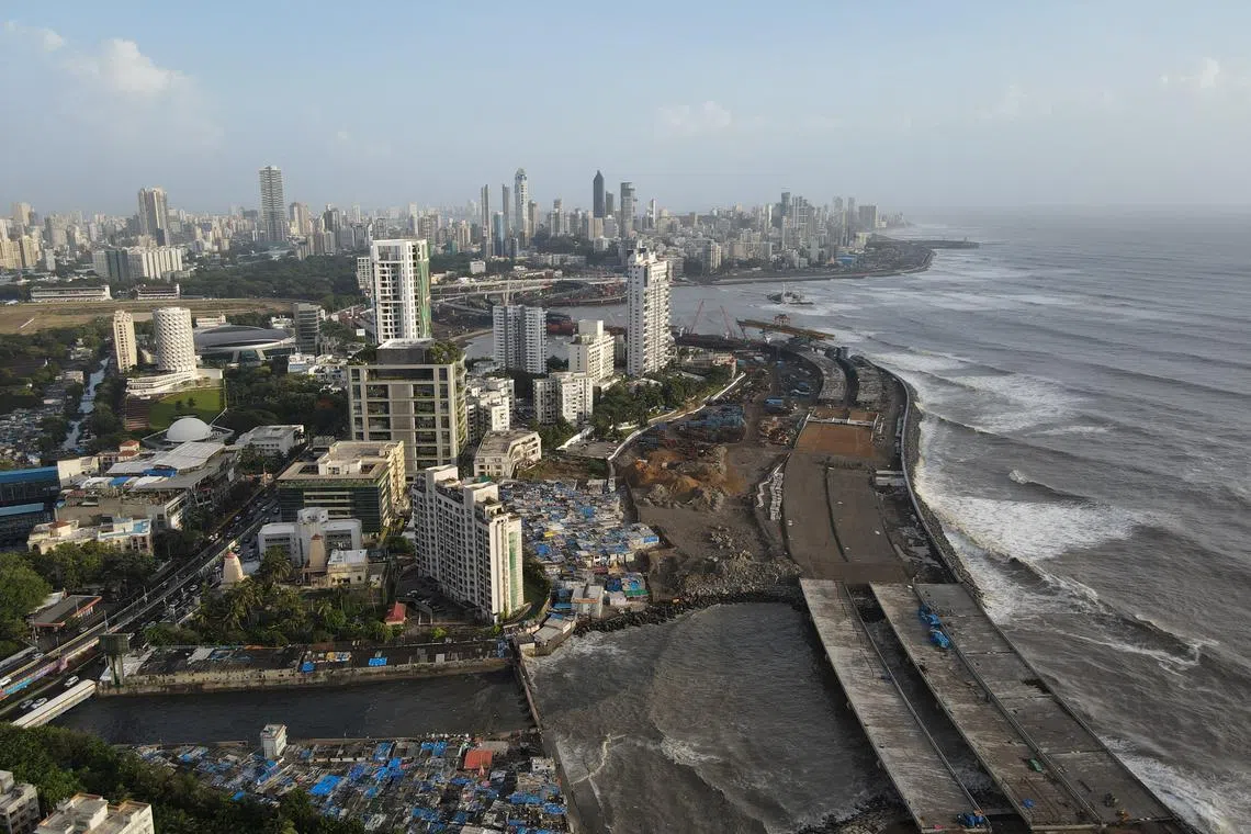 Buildings are seen near the Worli dairy quarters on June 11, 2023.  The crumbling structure has been categorised by local authorities as grade 1 dilapidated building and could collapse during the city's heavy monsoon season. 