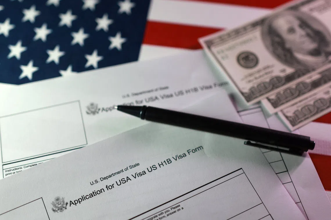 FILE PHOTO: A U.S. flag, mock U.S. dollars and U.S. H-1B Visa application forms are seen in this illustration taken, September 22, 2025. REUTERS/Dado Ruvic/Illustration/ File Photo