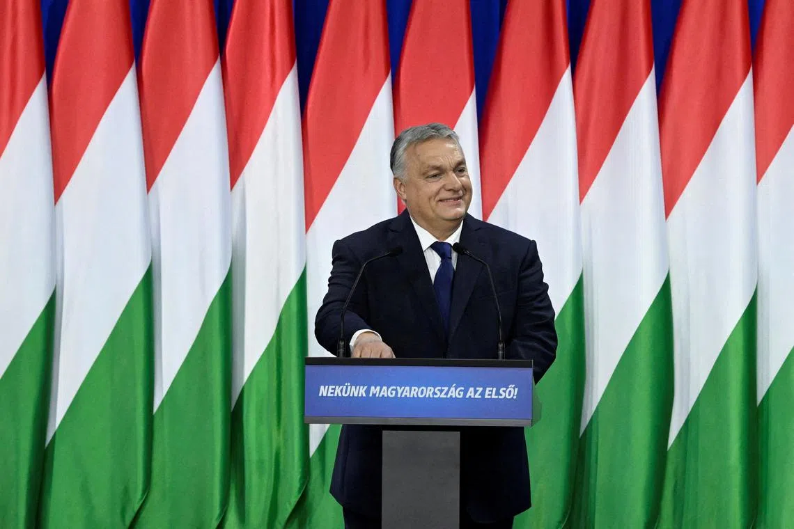 FILE PHOTO: Hungarian Prime Minister Viktor Orban delivers his annual State of the Nation speech, in Budapest, Hungary, February 17, 2024. Szilard Koszticsak/Pool via REUTERS/File Photo
