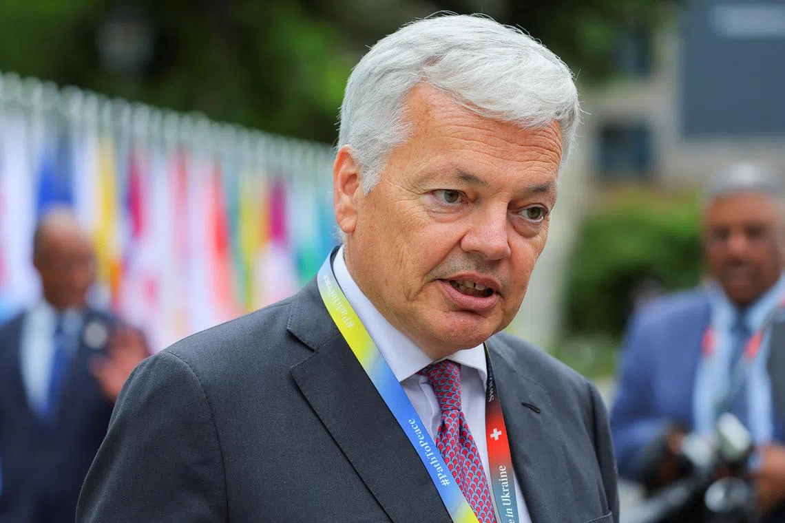 FILE PHOTO: European Commissioner for Justice Didier Reynders speaks, on the day of the opening ceremony of the Summit on Peace in Ukraine at the Buergenstock Resort in Stansstad near Lucerne, Switzerland, June 15, 2024. REUTERS/Denis Balibouse/Pool/File Photo