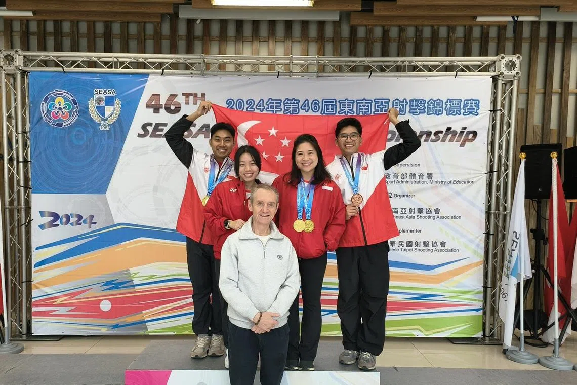 (From Left) Shooters Irwan Abdul Rahman, Adele Tan, coach Kirill Ivanov, Martina Veloso and Marat Veloso at the 46th SEASA Shooting Championship in Taiwan.