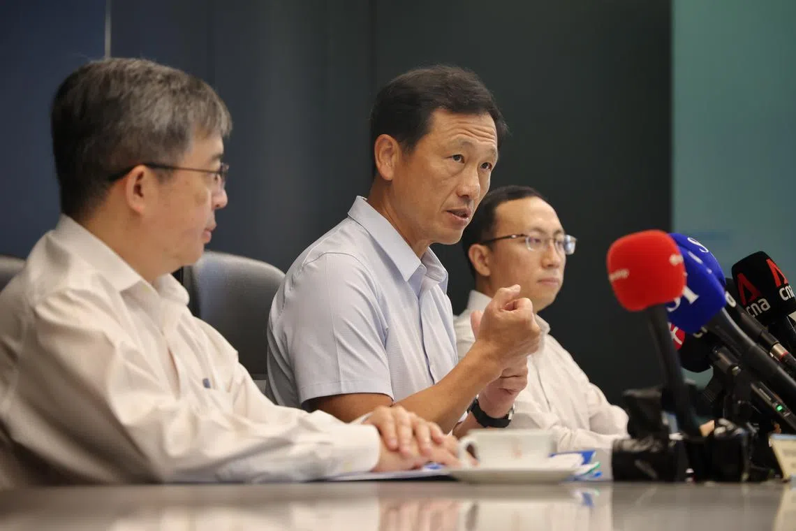 (From left) Director-General of Health Professor Kenneth Mak, Health Minister Ong Ye Kung, communicable diseases policy and preparedness division consultant Dr Marc Ho at a press conference on preparedness for Mpox on Sept 4.