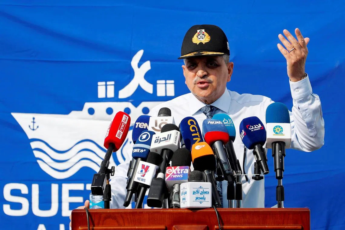 FILE PHOTO: Osama Rabie, Chairman of the Suez Canal Authority, speaks during a news conference, in Suez, Egypt February 15, 2022. REUTERS/Mohamed Abd El Ghany/File Photo