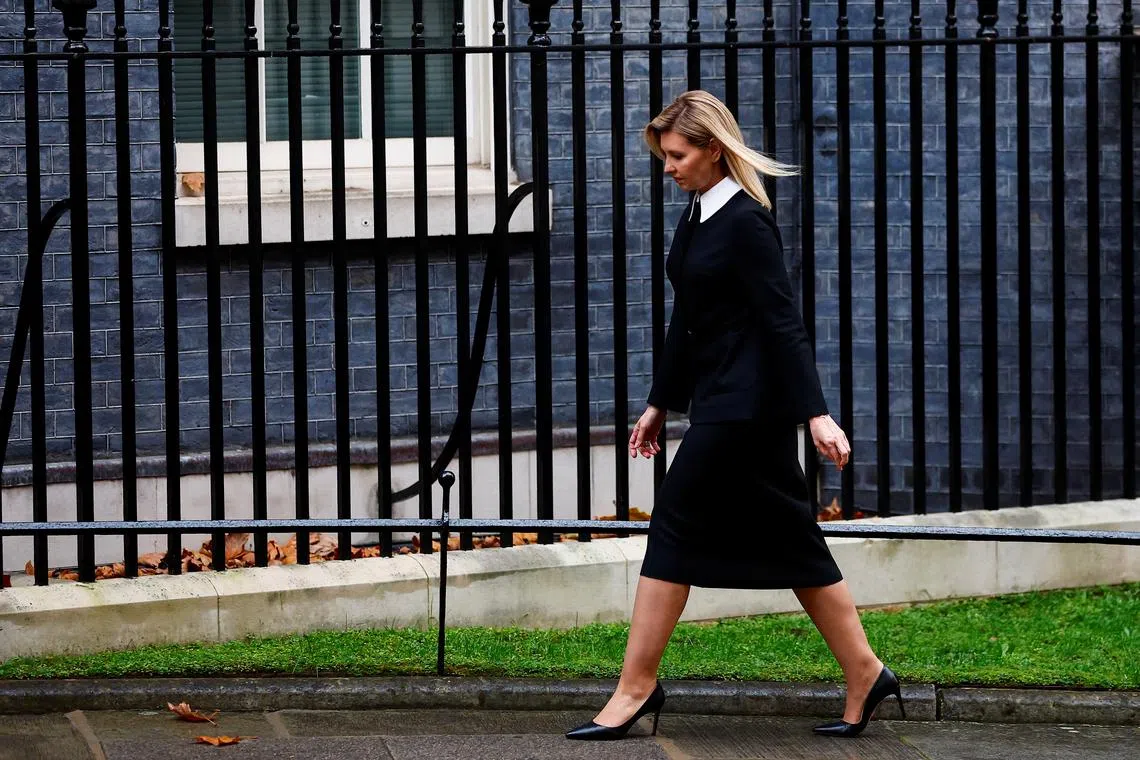 Ukraine's First Lady Olena Zelenska walks outside Downing Street in London, Britain, on Nov 28, 2022. 