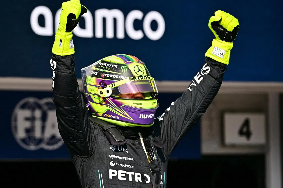 Formula One F1 - Hungarian Grand Prix - Hungaroring, Budapest, Hungary - July 22, 2023
Mercedes' Lewis Hamilton celebrates after finishing qualifying in pole position REUTERS/Marton Monus