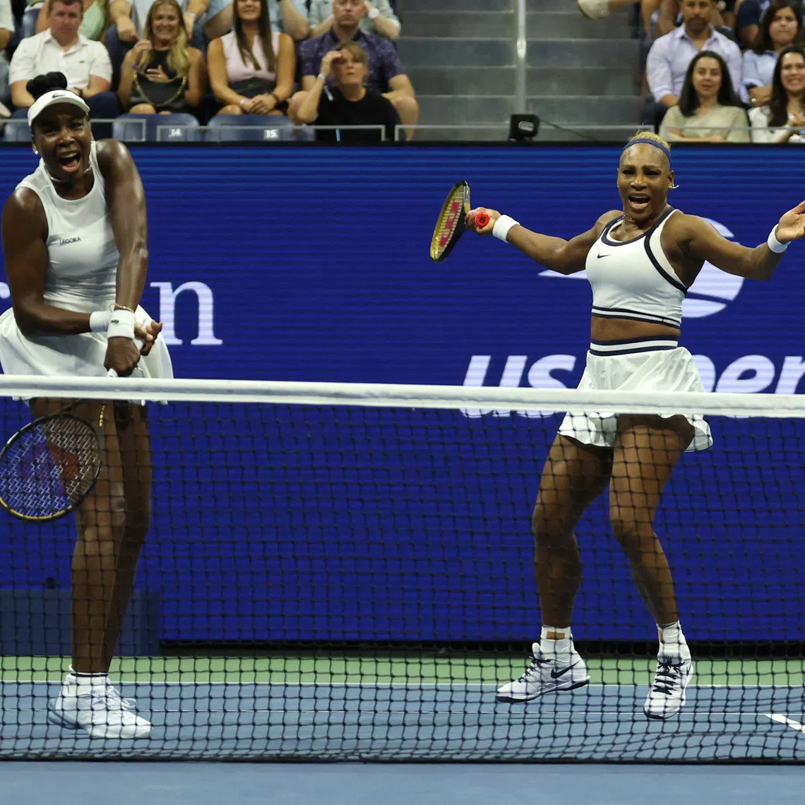 Serena Williams (right) and Venus Williams of the US in action during their first-round match against Australia’s Maya Joint and Chinese Taipei’s Chan Hao-ching.