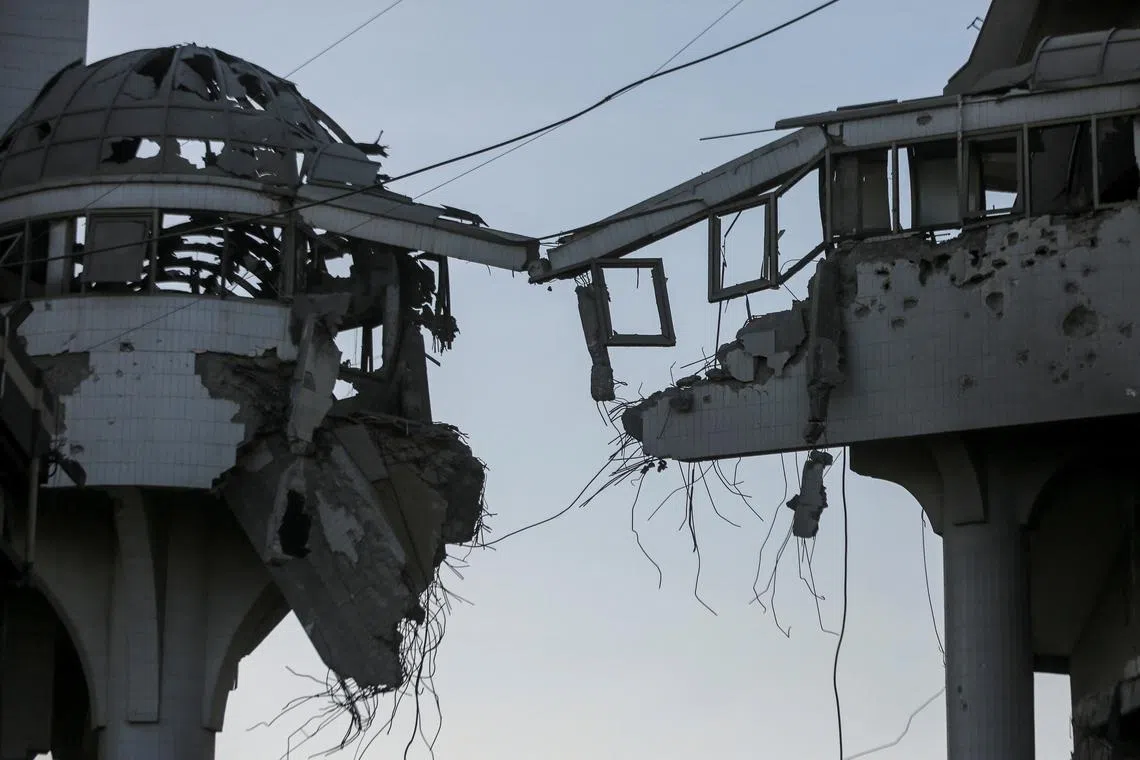 FILE PHOTO: A destroyed part of a building stands at Al Shifa Hospital after Israeli forces withdrew from the hospital and the area around it following a two-week operation, amid the ongoing conflict between Israel and Hamas, in Gaza City April 1, 2024. REUTERS/Dawoud Abu Alkas/File Photo