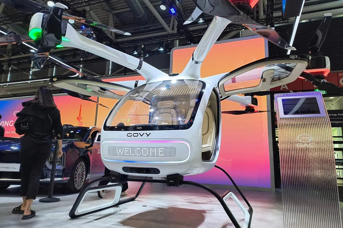 The Govy AirCab two-seater electric "flying car", made by a subsidiary of Chinese carmaker GAC, on display at the IAA Mobility motor show. 