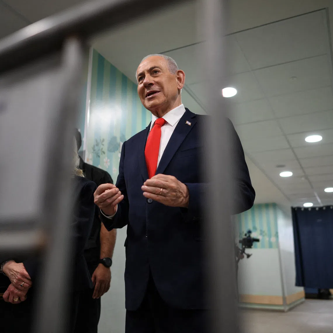 Israeli Prime Minister Benjamin Netanyahu speaking to the media after voting at a polling station in Jerusalem, Israel, on Oct 27.