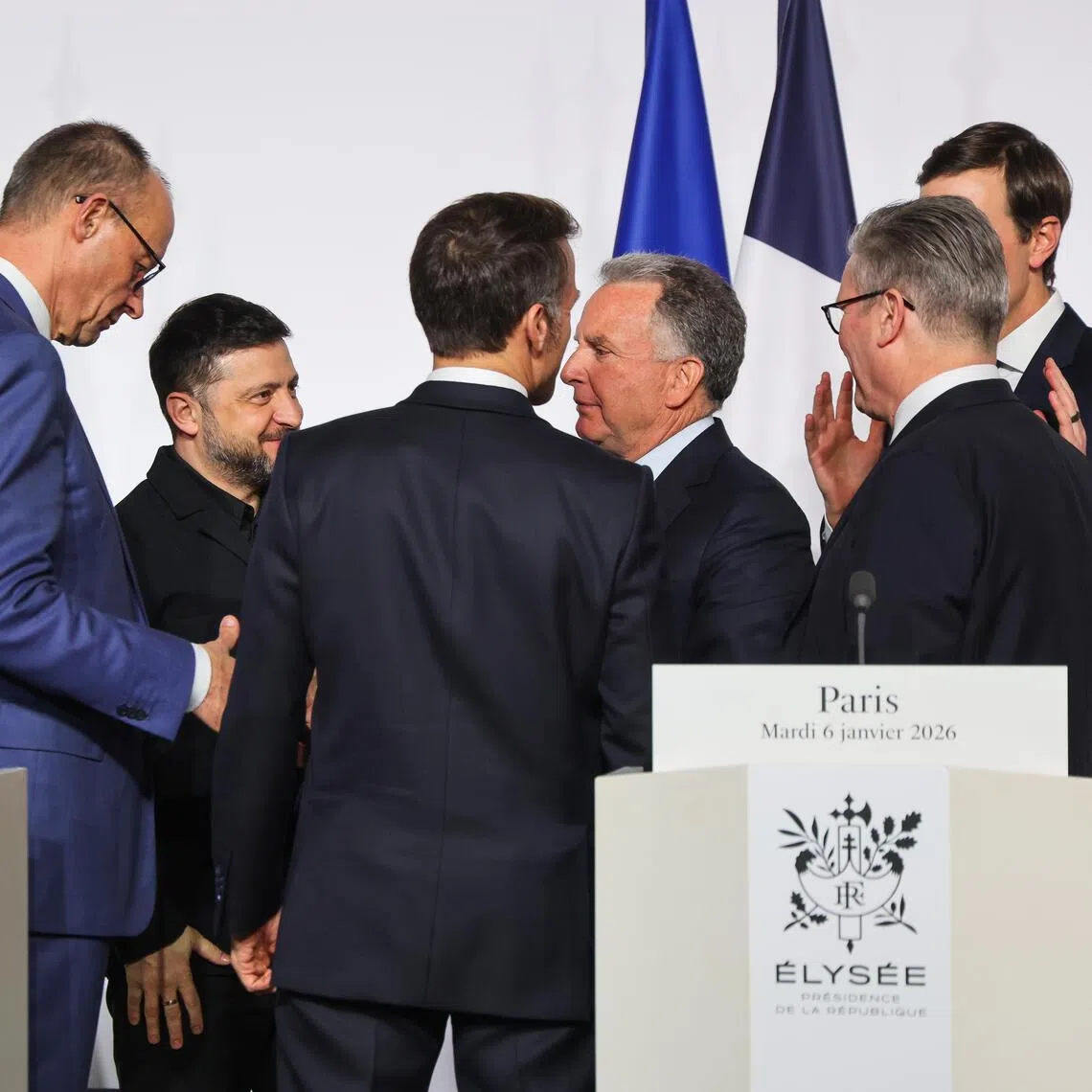 At the Coalition summit are (from left) German Chancellor Friedrich Merz, Ukrainian President Volodymyr Zelensky, French President Emmanuel Macron, US Special Envoy Steve Witkoff, British Prime Minister Keir Starmer and US envoy Jared Kushner (just seen).