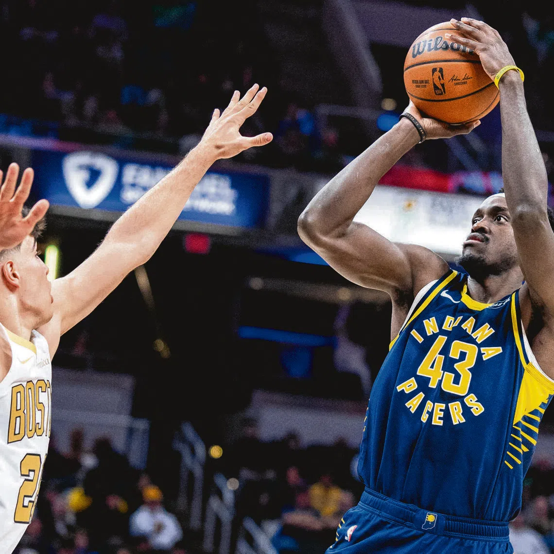 Indiana Pacers forward Pascal Siakam shoots the ball against the Boston Celtics in the first half at Gainbridge Fieldhouse..